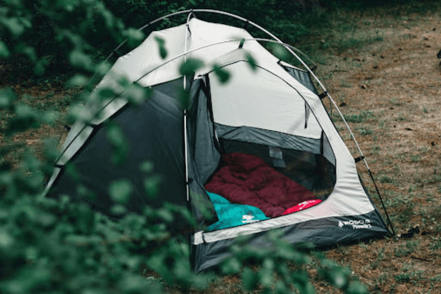 a tent and sleeping bags in a forest