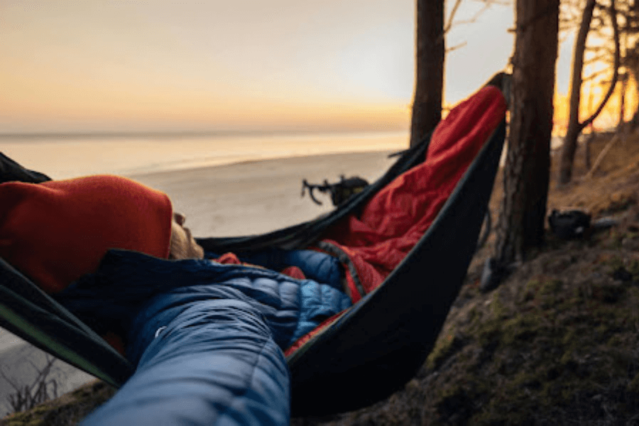 sleeping bag and hammock, sunset